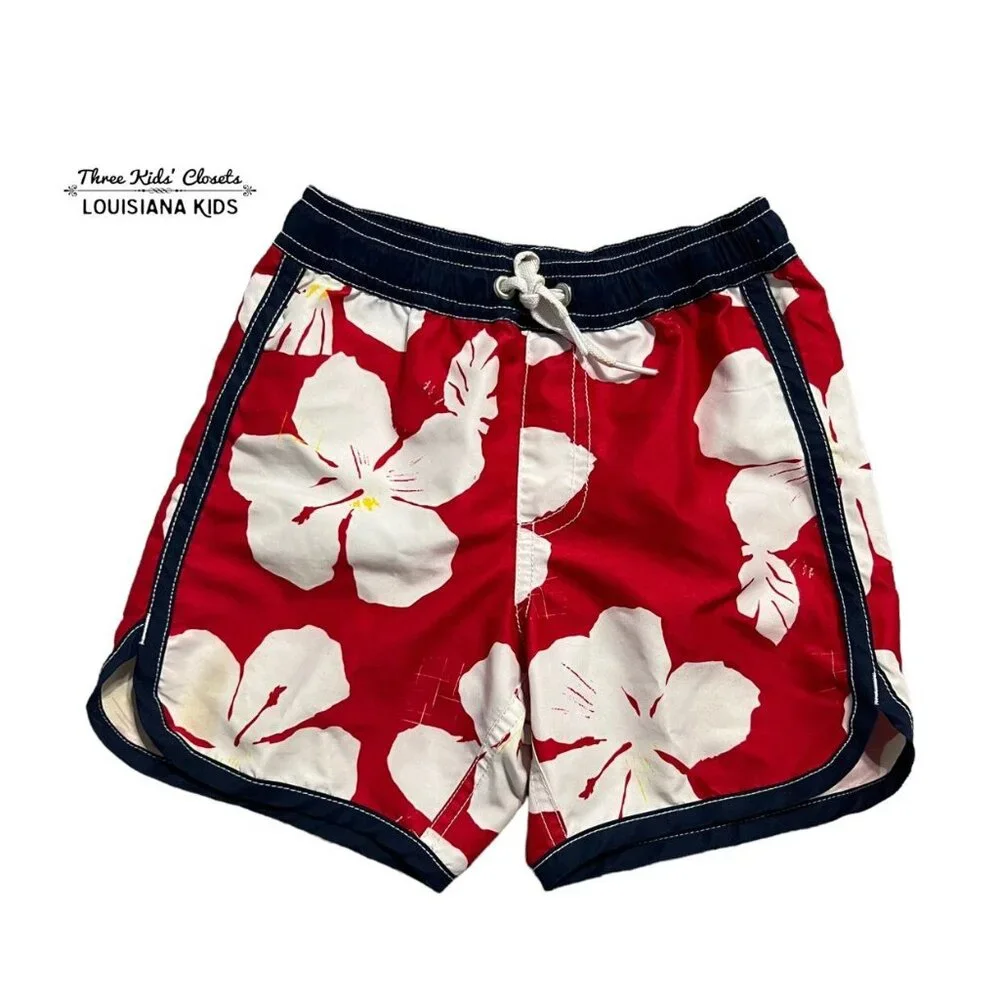 Hanna Andersson Sz 100 (4) Patriotic Hibiscus Floral Swim Trunks Shorts